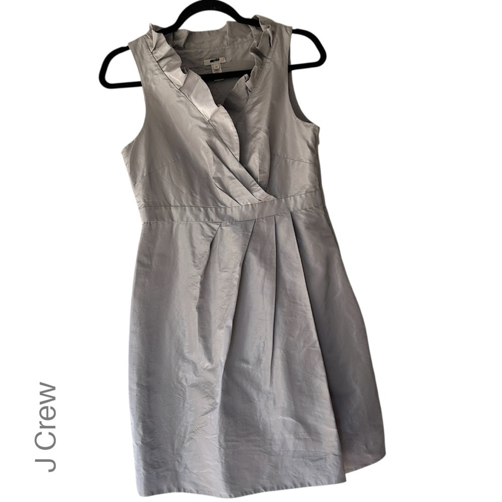 J CREW | NWOT BLAKLEY SILK TAFFETA FAUX WRAP DRESS IN PEWTER RUFFLE NECK | 8P